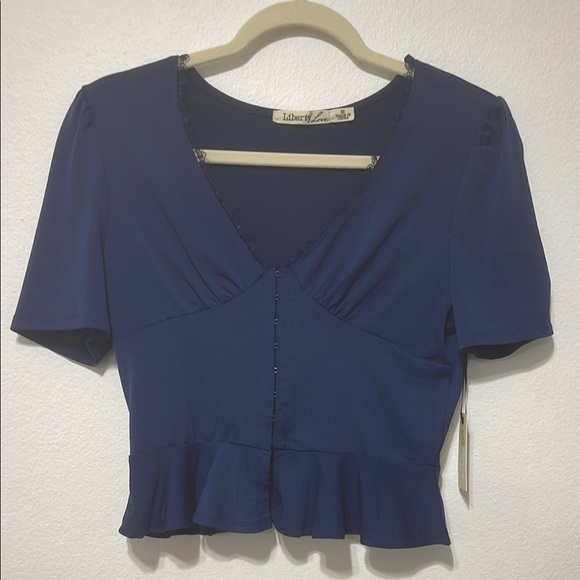 Liberty Love Tops - Liberty Love Blue Buttoned Crop Peplum Blouse NWT